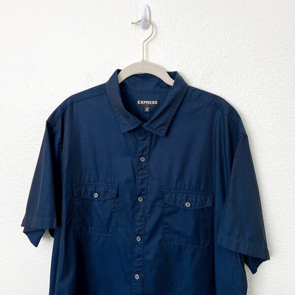 [Express] Blue Short Sleeve Casual Button Down Shirt 100% Cotton Metallic Sz XXL - Picture 3 of 10